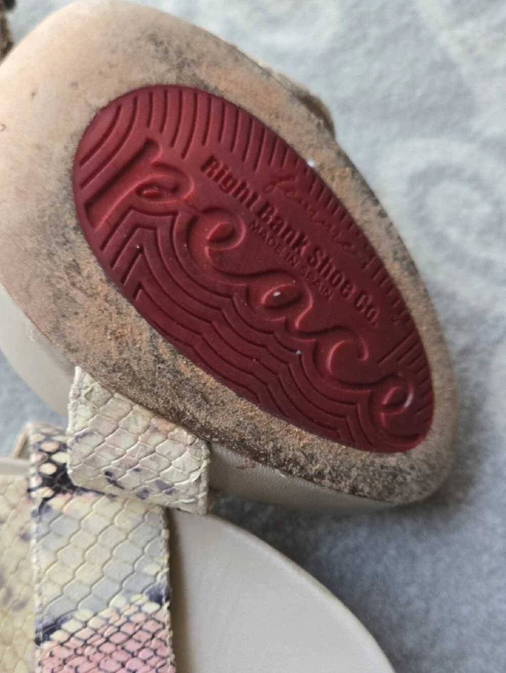 RIGHT Bank Shoe Co. Wedge Sandals in Snake-Print Beige and Pink